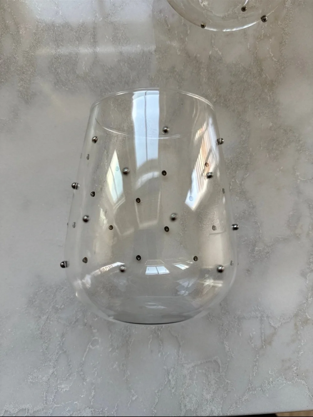 Pottery Barn Clear Stemless Glass with Black Dot Accents